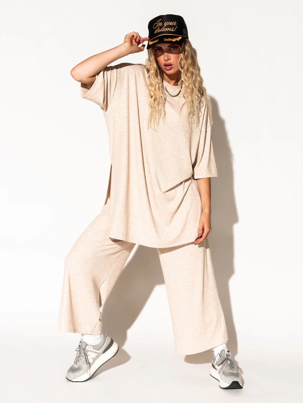 Dressed in LALA Lex Ribbed Playsuit in Oatmeal